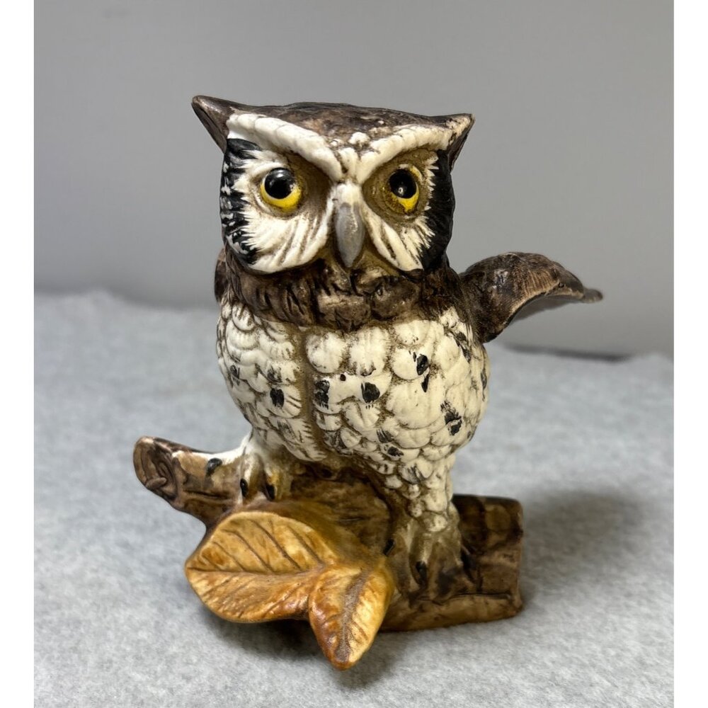 Vintage Hand-Painted Porcelain Owl Figurine on Branch with Leaf